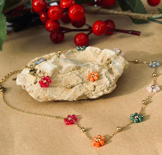 Conjunto Colar Bracelete Dourado Floral