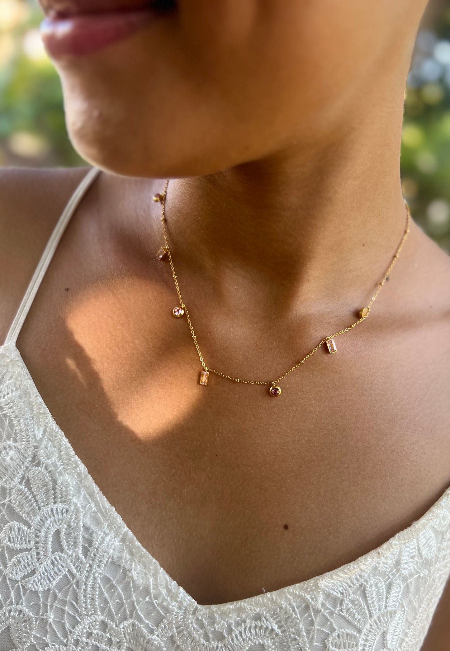 Conjunto Colar Bracelete Com Pedrinhas Rosa