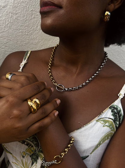 Conjunto Corrente Dupla Colar Pulseira Brincos E Anéis