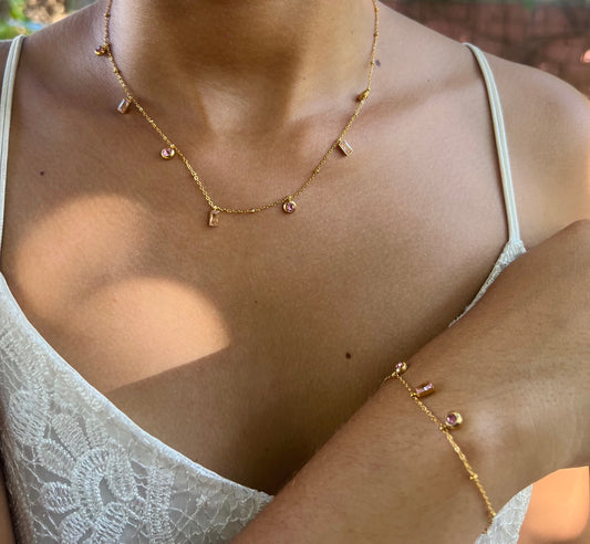 Conjunto Colar  Bracelete Com Pedrinhas Rosa